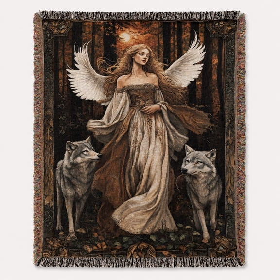 Angel & Wolf Fantasy Woven Throw Blanket 100% Cotton | Fringed Edge | 3 Sizes