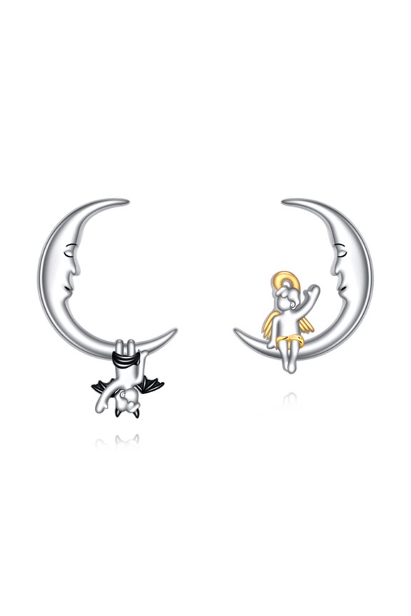 Angel and Devil Earrings 925 Sterling Silver Asymmetric Stud Earrings Moon Jewelry Gift for Women
