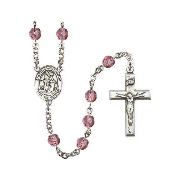 Angel de la Guardia Silver-Plated Rosary 6mm February Purple Fire Polished Beads Crucifix Size 1 3/8 x 3/4 medal charm