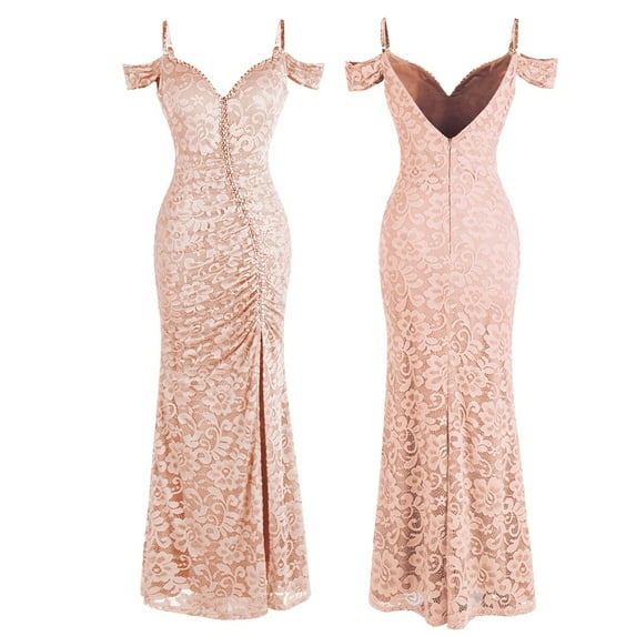 Angel-fashions Glamorous Pink Lace Long Wedding Dresses Women's Spaghetti Strap Boat Neck Beading Slit Mermaid Ball Gown Large