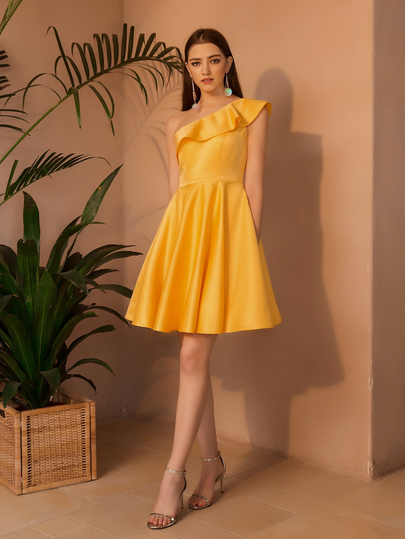 open lace back dress GIA Asymmetrical One Shoulder Satin Maxi Dress • Shop American Threads Butter Yellow / L main image 1