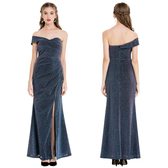 Angel-fashions Wedding Bride of Mother Gown Women's Elegant Off Shoulder Pleated Split Evening Party Dress X-Large