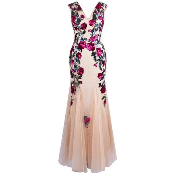 Angel-fashions Women's 1920s Flowers Sequins Evening Dress V Neck Illusion Tulle Lace Up Long Wedding Party Gown Magenta X-Large