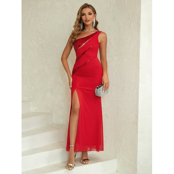 Angel-fashions Women's Elegant Red Evening Dress One Shoulder Splicing Sequin Slit Mermaid Long Wedding Party Guest Gown 1037RD