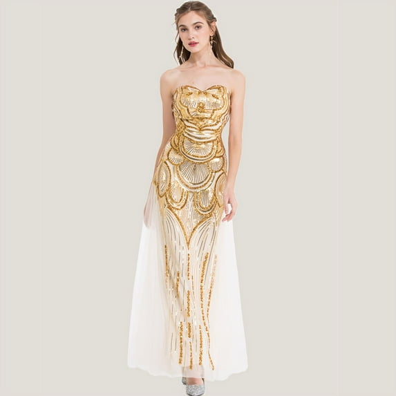 Angel-fashions Women's Elegant Strapless Sparkly Sequin Floral Tulle Tube Top Dress Off Shoulder Sweetheart Neck Flowy Mermaid Hem Wedding Bridesmaid Formal Evening Party Gown Gold XX-Large