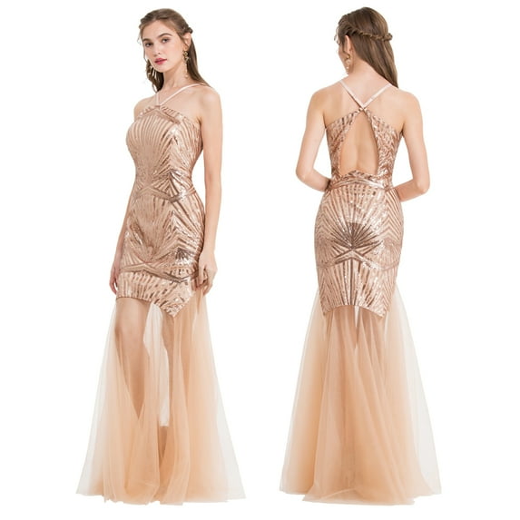 Angel-fashions Women's Halter Neck Formal Evening Party Dress Luxury Geometry Sequin Pattern Hollow Out Illusion Party Gown Light Coral M Size