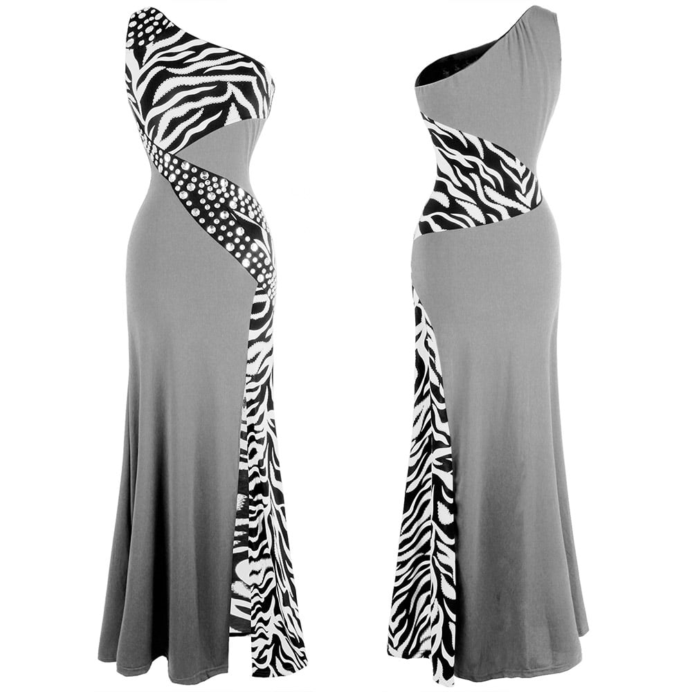 Angel-fashions Women's One Shoulder Rhinestone Splicing Slit Dresses Zebra  Pattern Long Prom Evening Party Gown High Slit Club Latin Dance Dress Stage  Outfits Slim Fitted Summer Dress Grey Medium - Walmart.com