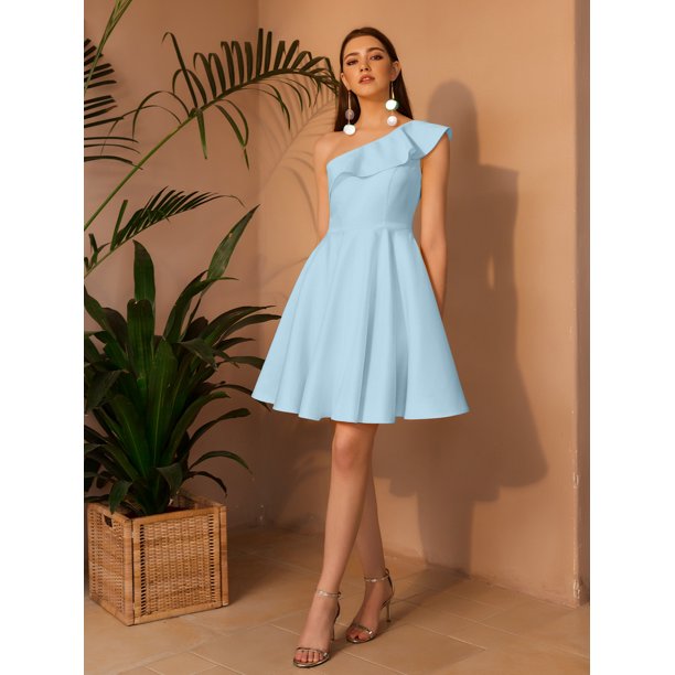 Angelfashions Women's One Shoulder Ruffle Satin Fit & Flare Dress