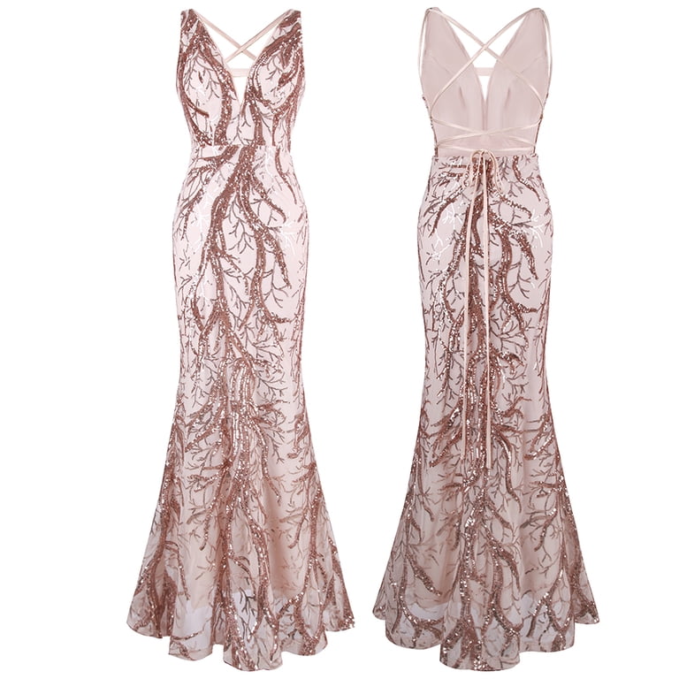 Angel-fashions Women's Sequin Pattern Long Evening Party Dress Elegant  Lace-up Backless Plunging Neck Mermaid Wedding Gown Champagne Small 981CE -  Walmart.com