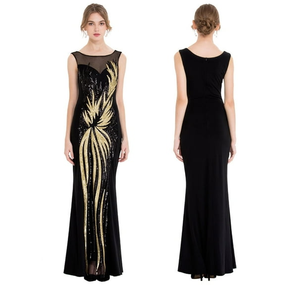Angel-fashions Women's Sheer Gold Sequined Black Splicing Evening Dress Round Neck Vintage Wedding Party Guest Gown Small