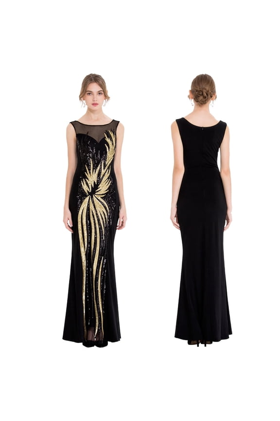 Angel-fashions Women's Sheer Gold Sequined Black Splicing Evening Dress Round Neck Vintage Wedding Party Guest Gown Small