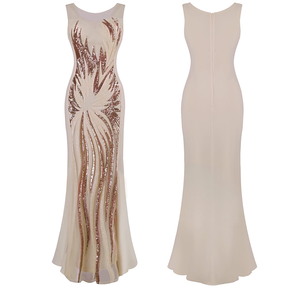 Angel Fashions Women's Sheer Scoop Neck Champagne Sequin Evening Dress,  Sleeveless Party Gown - Walmart.com
