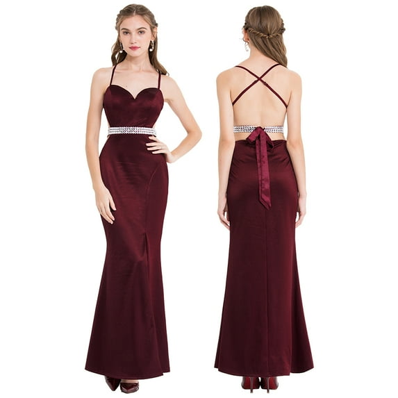 Angel-fashions Women's Sweetheart Neck Open Back Criss Cross Spaghetti Strap Satin Cami Dress Sleeveless Off Shoulder Backless Cut Out Beading Decor Waist Bow Tie Back Slit Evening Party Gown Small