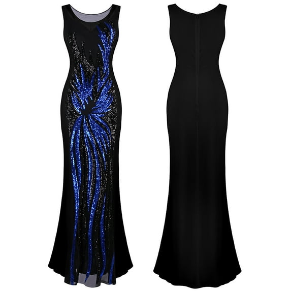 Angel-fashions Women's Vintage Black Splicing Blue Sequin Dress Long Wedding Party Bride of Mother Gown X-Large
