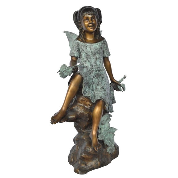 Nifao Angel girl sitting with a rose bronze statue, Home Office Decor Sculpture, 22"L x 27"W x 37"H