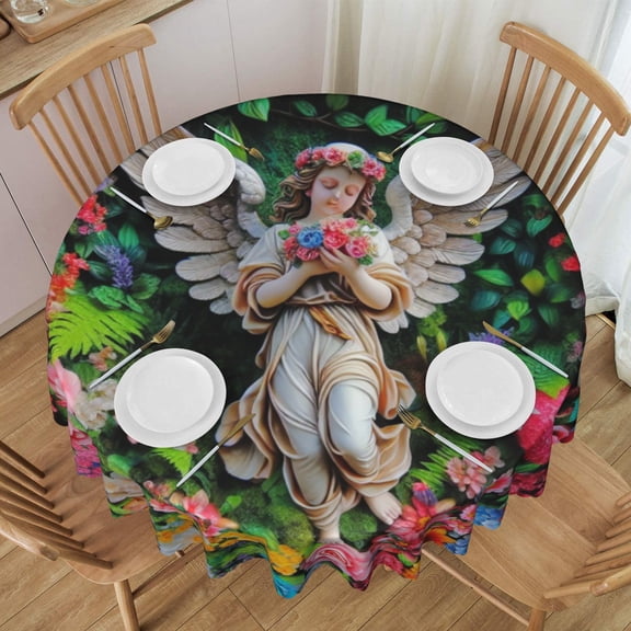 Angel in a Garden of Blooms Tablecloth Round Wrinkle Waterproof Washable Table Covers for Home Party Decorations 60x60 Inch