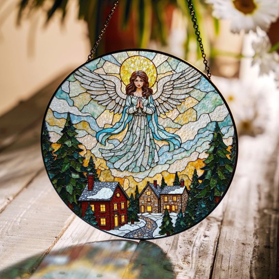Angel over Winter Village Glass Suncatcher, Christian Holiday Window Art, Christmas, 6.3 in