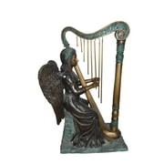 Nifao Angel playing a harp bronze statue   Home Office Decor Sculpture, 30"L x 15"W x 44"H