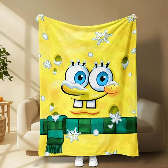 [Angel's Bazaar] [60x50inch] SpongeBob Fleece Blanket with Multiple Funny Expressions, Bright Yellow Cartoon Design, Soft Cozy Throw for Bedroom, Living Room, Office, Travel, Camping