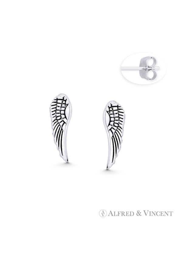 Angel's / Eagle's Wing Charm 14x5mm Stud Earrings in Oxidized .925 Sterling Silver