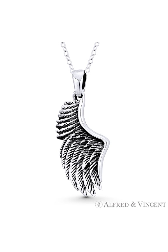 Angel's / Eagle's Wing Protection & Luck Charm 40x17mm (1.6x0.7in) Pendant & Chain Necklace in Oxidized .925 Sterling Silver