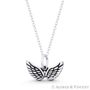 Angel's Wings w/ Feathers Charm Pendant & Chain Necklace in Oxidized .925 Sterling Silver