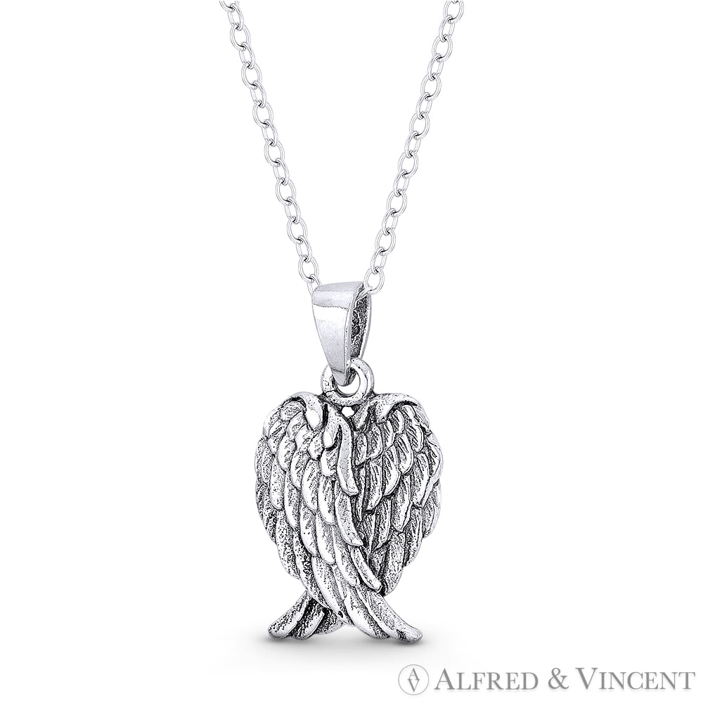 Angel's Wings w/ Feathers Charm Pendant & Chain Necklace in Oxidized .925 Sterling Silver