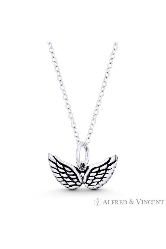 Angel's Wings w/ Feathers Charm Pendant in Oxidized .925 Sterling Silver