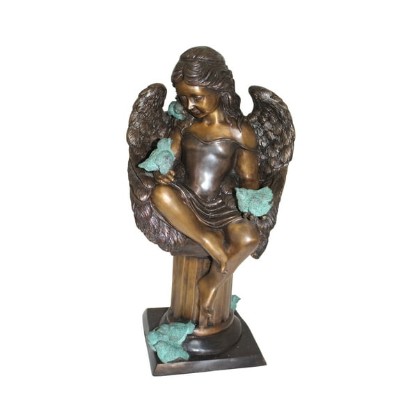 Angel sitting on Column Bronze Statue - Size: 10"L x 9"W x 22"H.