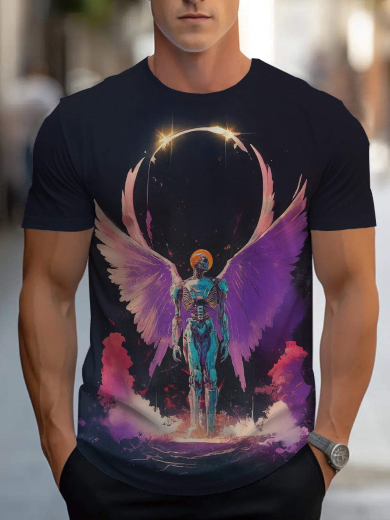 Angel wing pattern 3D digital men's printed T-shirt with bright round ...
