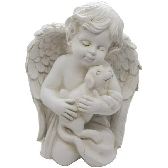 Angel with Dog Statue Pet Dog Memorial Statue Indoor Outdoor Home Garden Guardian Rememberance Dog Puppy Figurine, 7-in