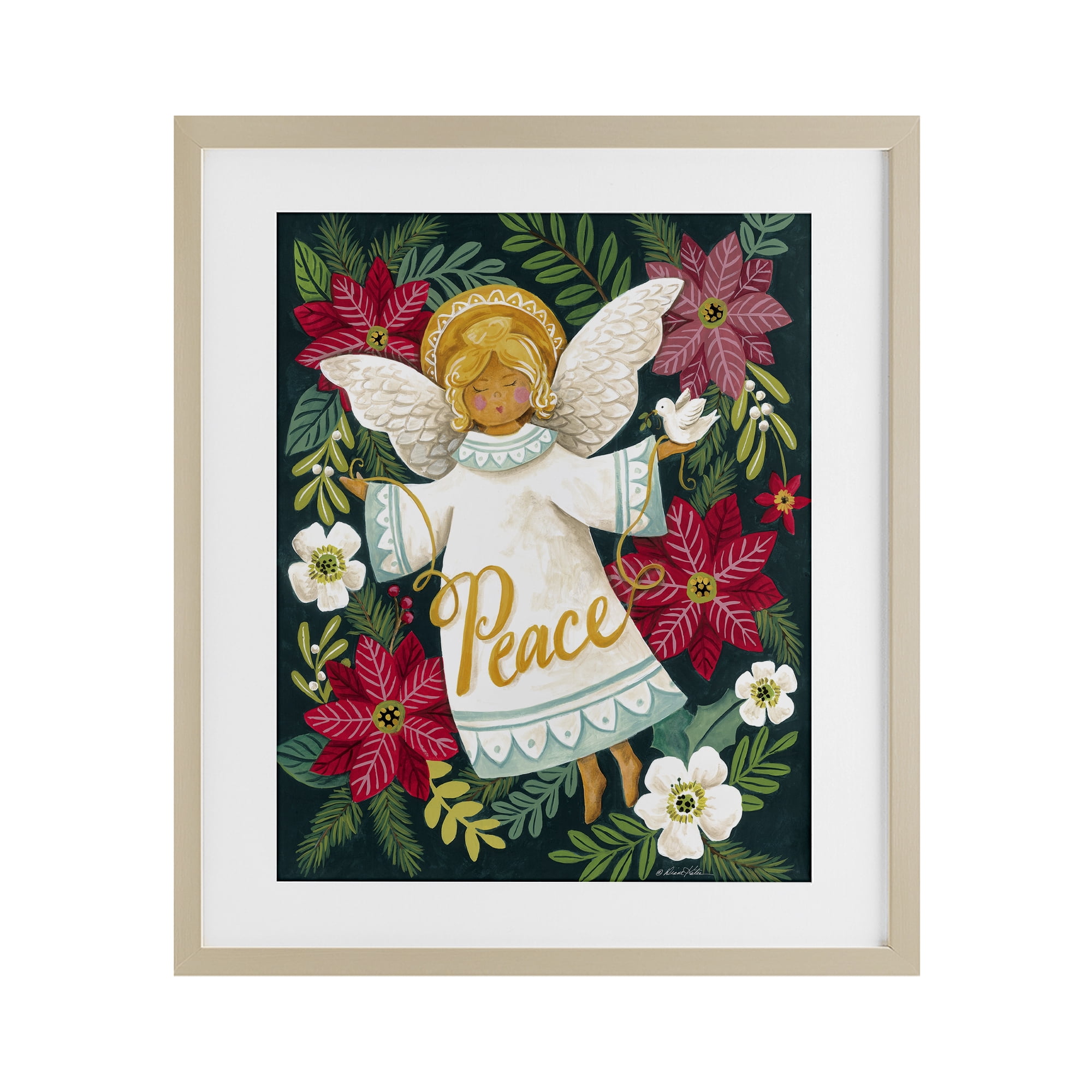 Angel with Peace & Botanicals Birch Framed Print Under Glass, design by Diane Kater