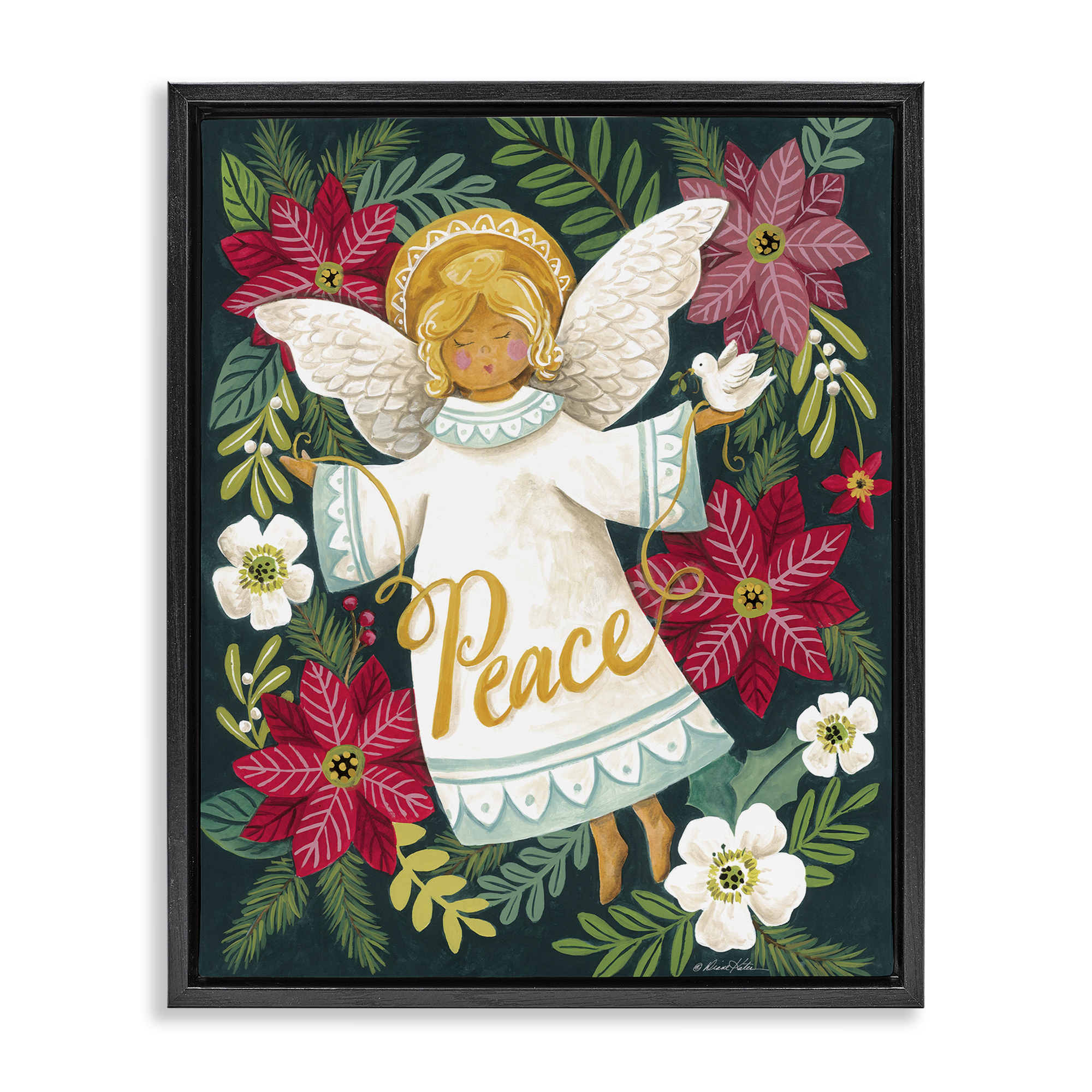 Angel with Peace & Botanicals Black Framed Floater Canvas Wall Art, design by Diane Kater