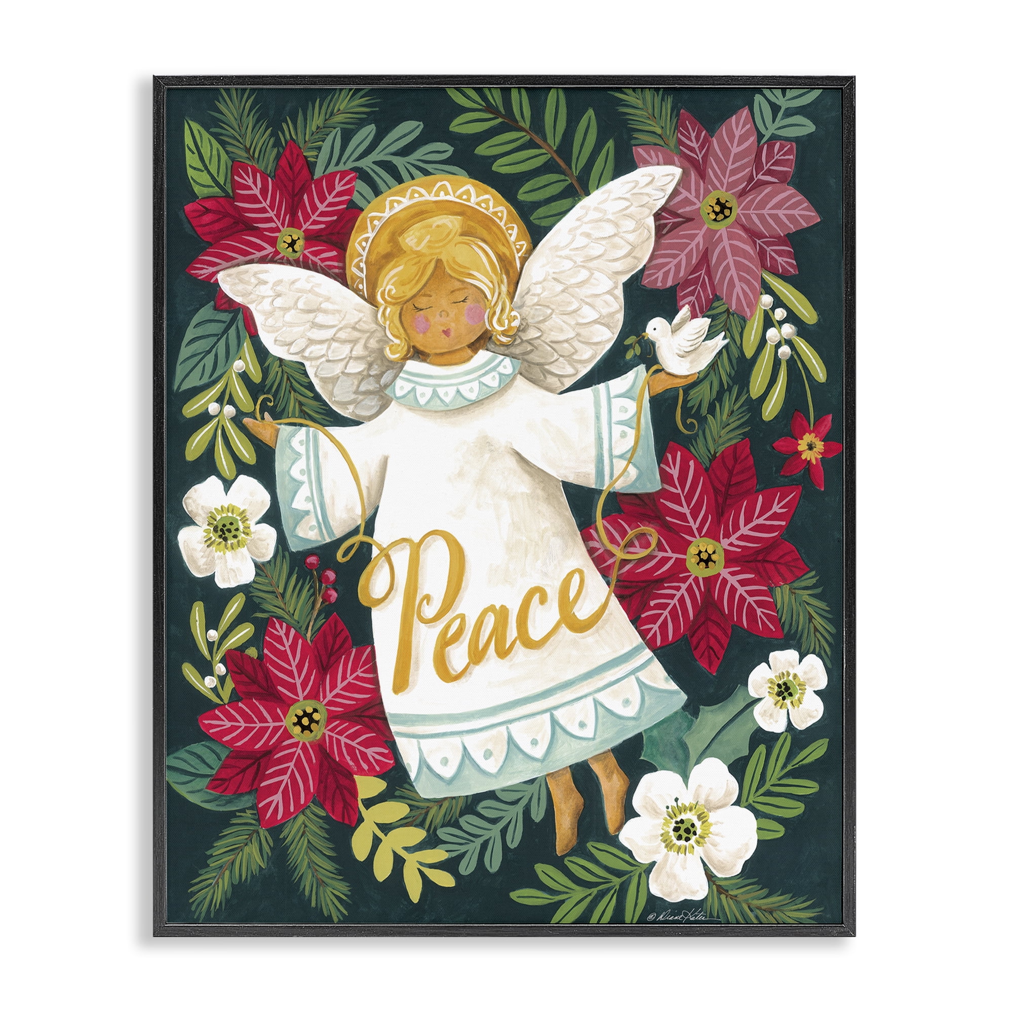 Angel with Peace & Botanicals Black Framed Giclee Art, design by Diane Kater