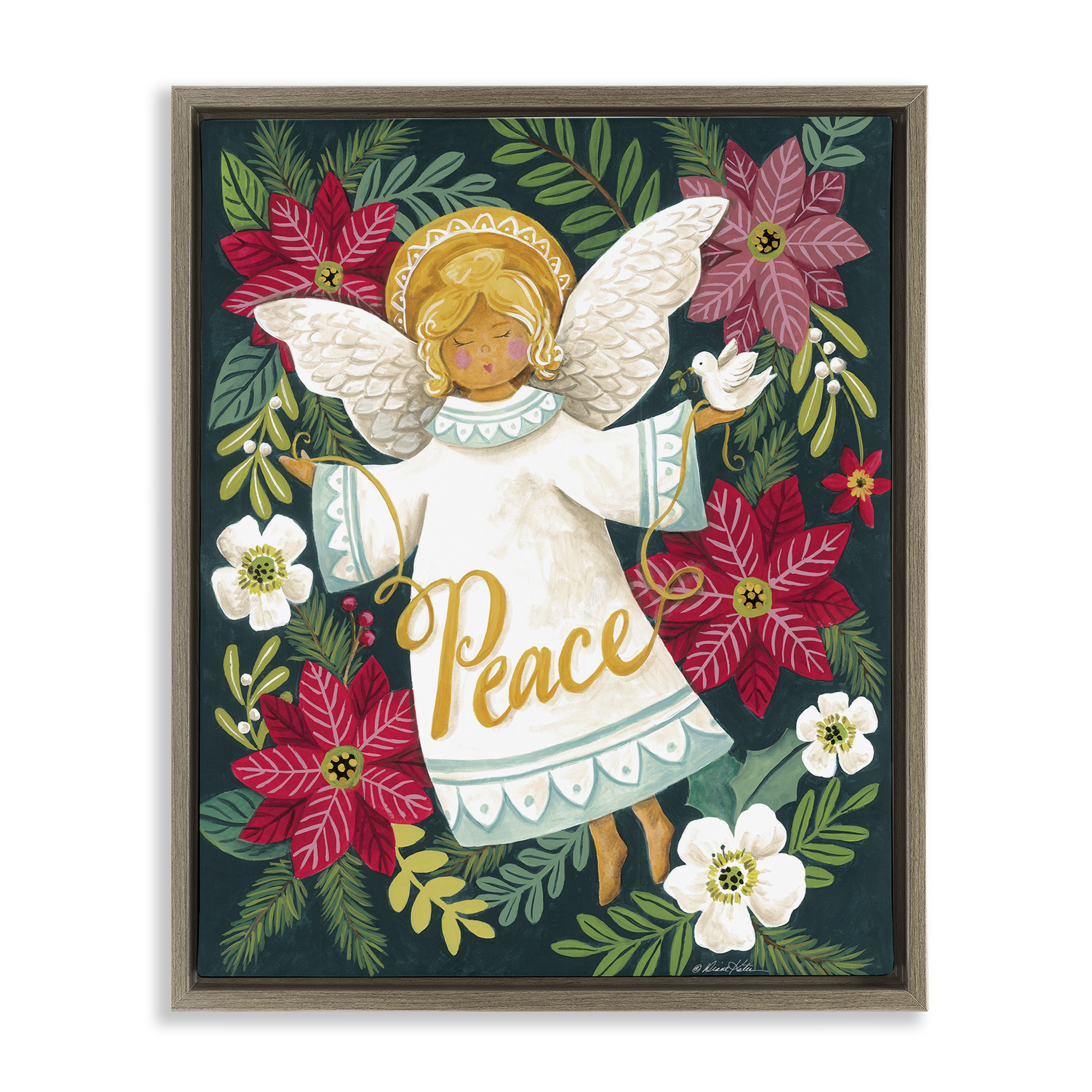 Angel with Peace & Botanicals Brown Framed Floater Canvas Wall Art, design by Diane Kater