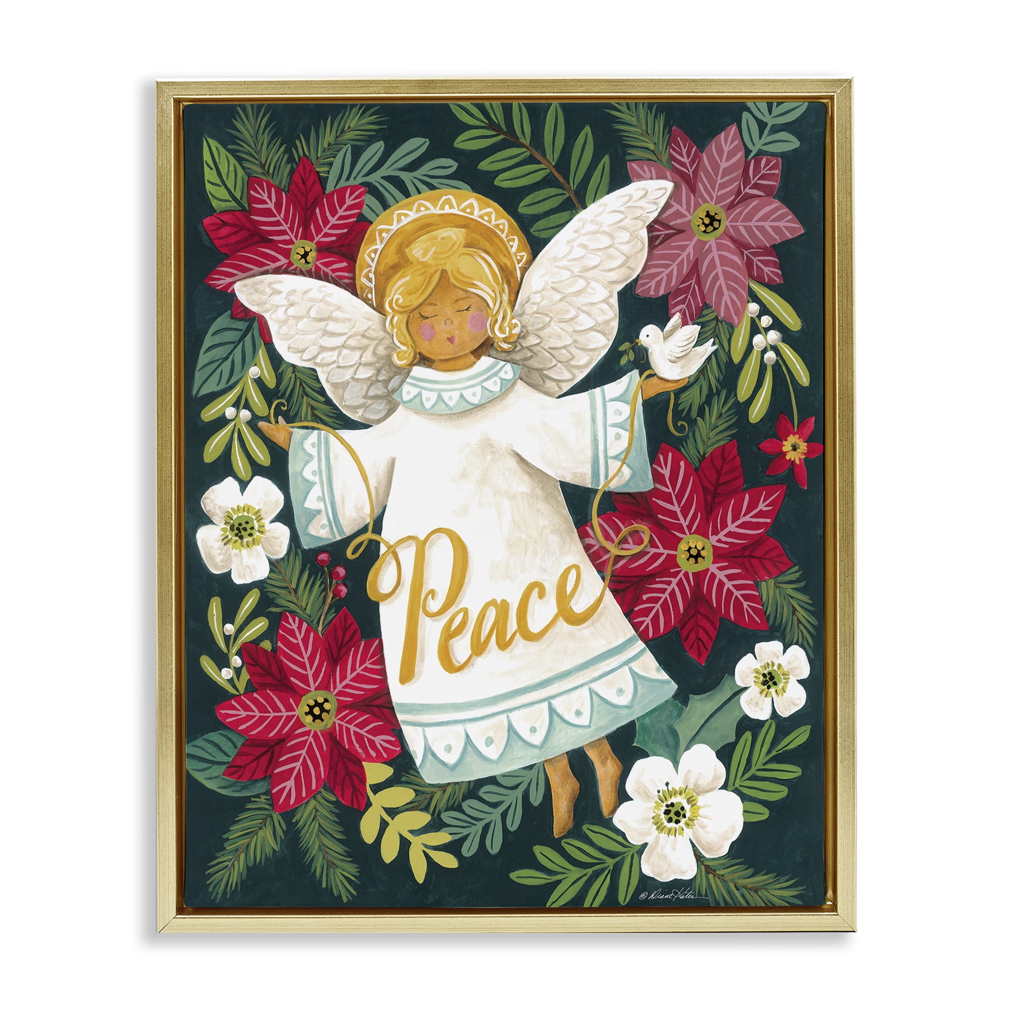 Angel with Peace & Botanicals Gold Framed Floater Canvas Wall Art, design by Diane Kater