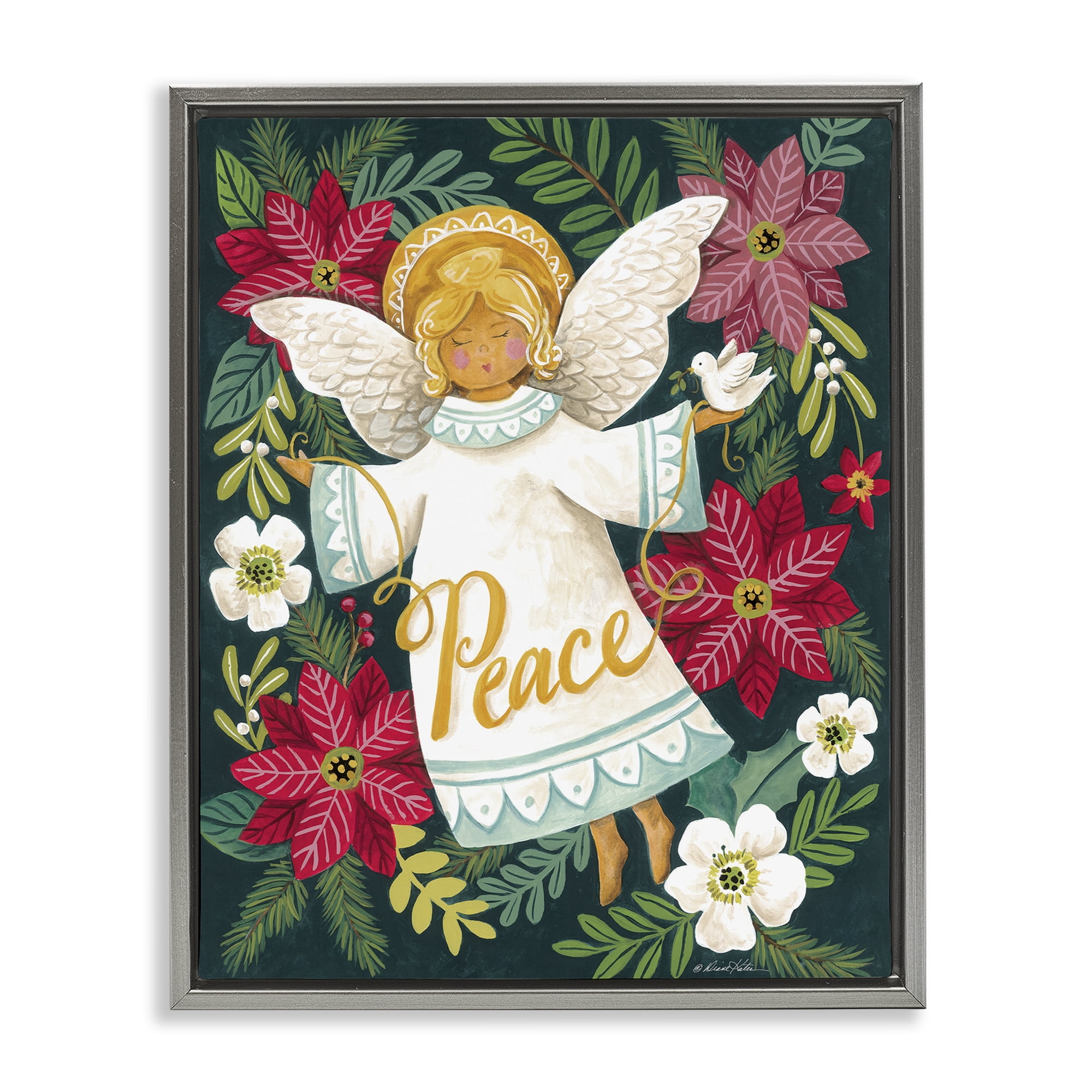 Angel with Peace & Botanicals Gray Framed Floater Canvas Wall Art, design by Diane Kater