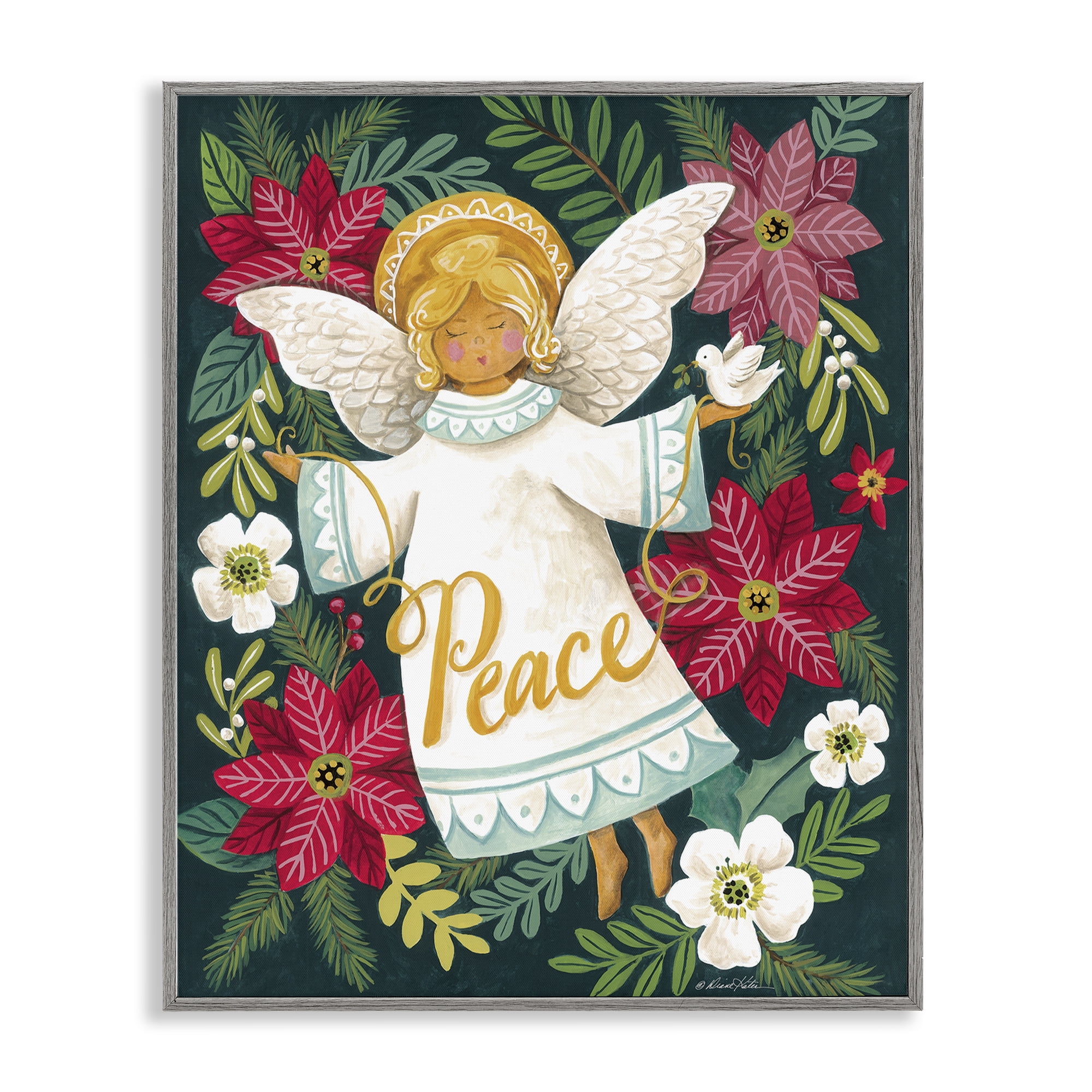 Angel with Peace & Botanicals Gray Framed Giclee Art, design by Diane Kater