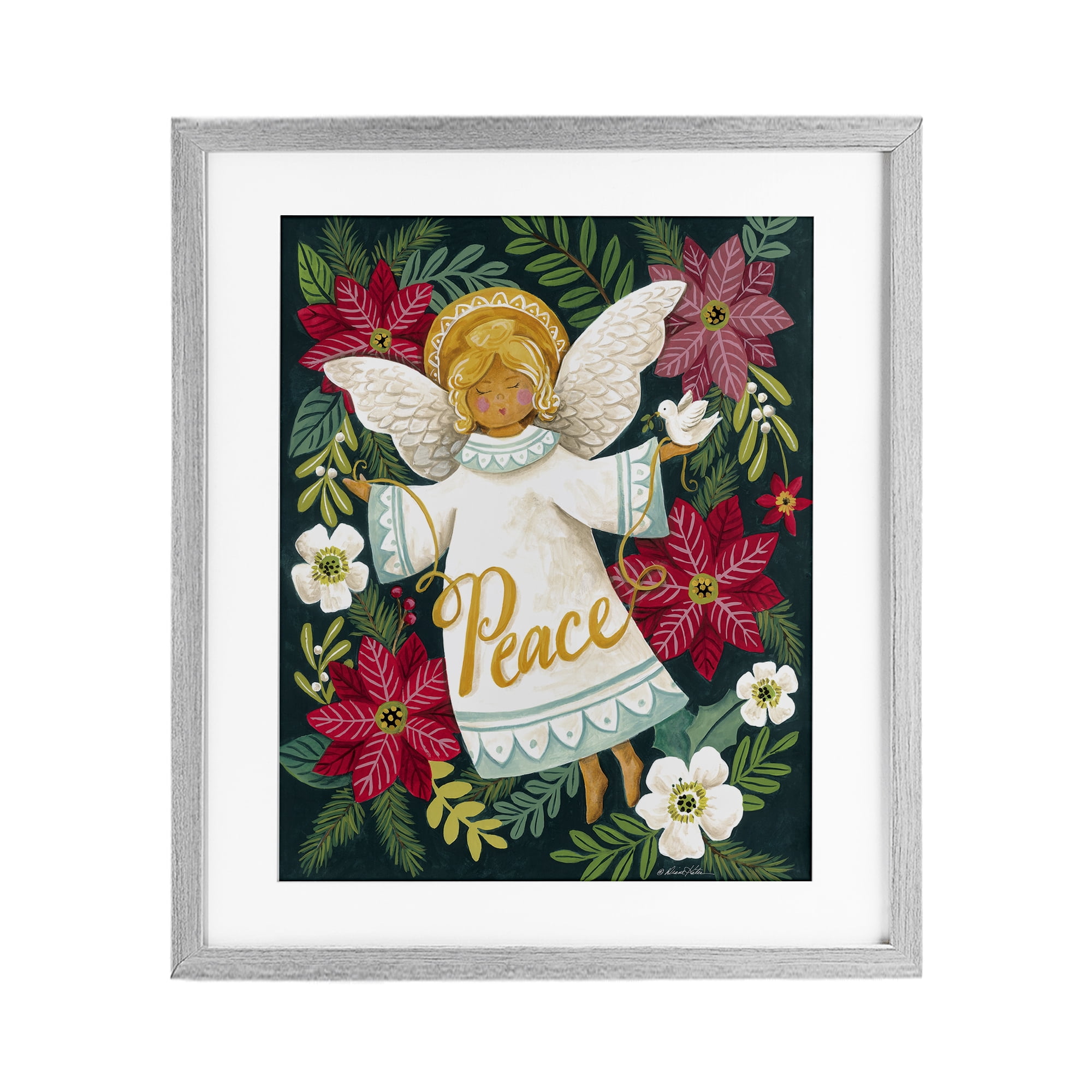 Angel with Peace & Botanicals Gray Framed Print Under Glass, design by Diane Kater