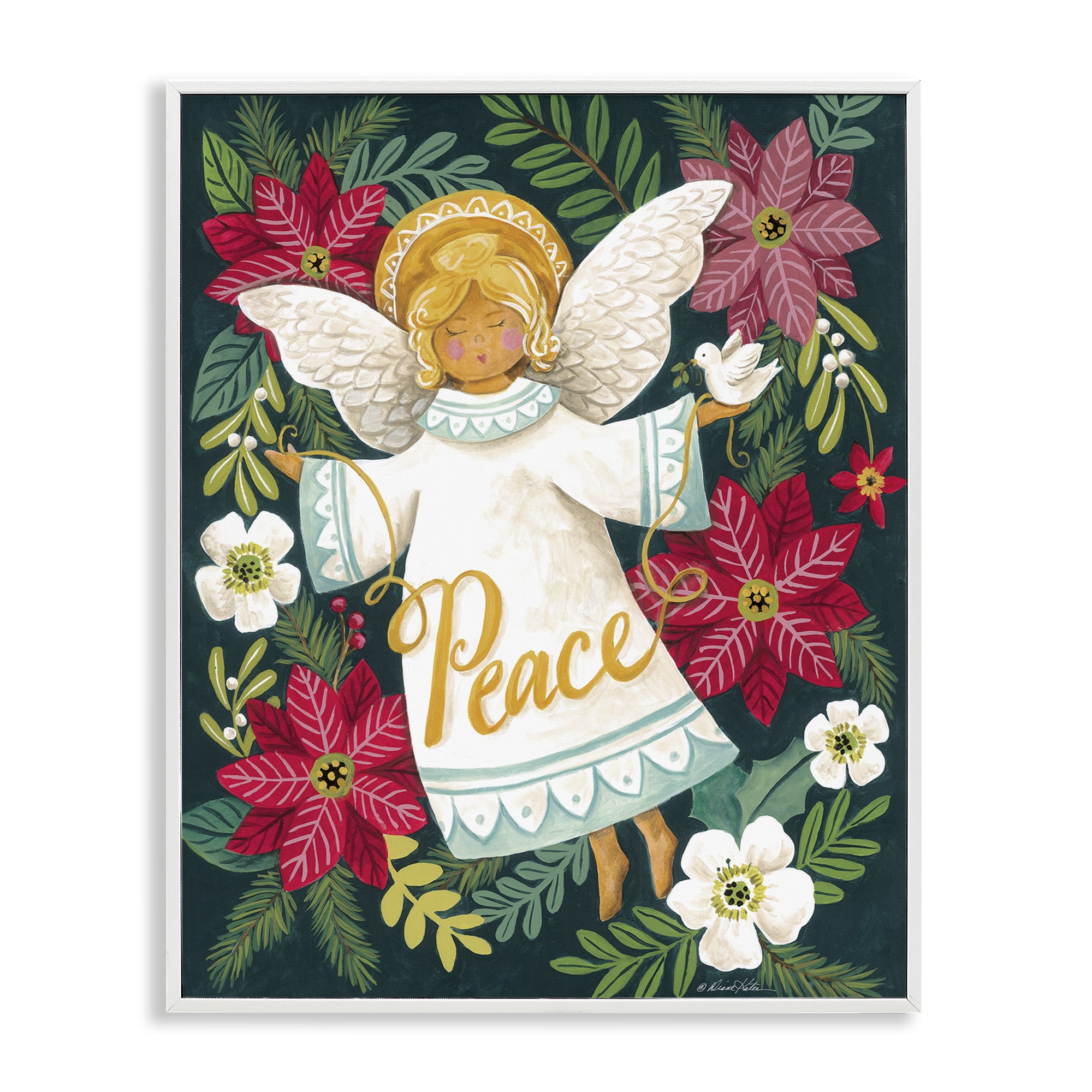 Angel with Peace & Botanicals White Framed Giclee Art, design by Diane Kater