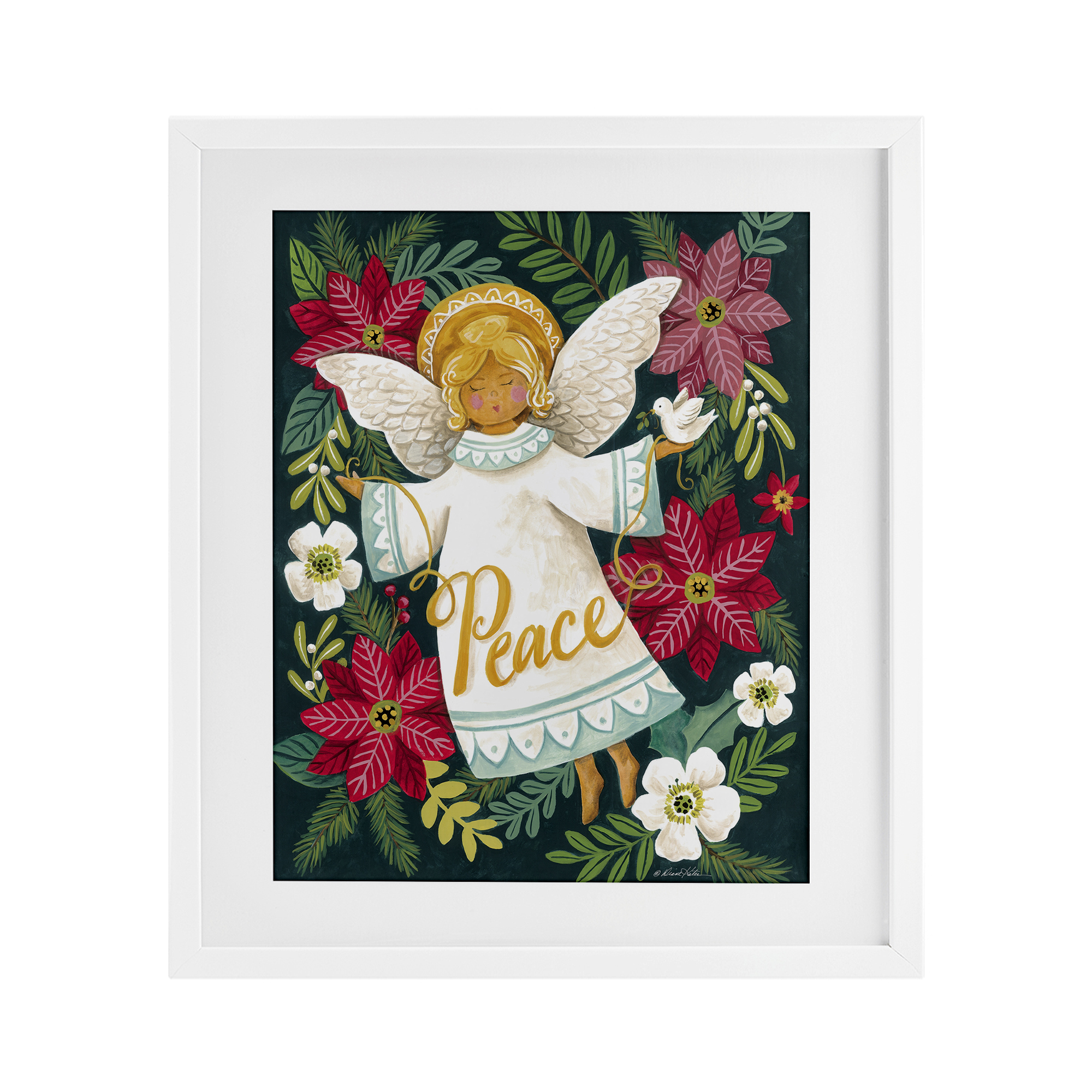 Angel with Peace & Botanicals White Framed Print Under Glass, design by Diane Kater