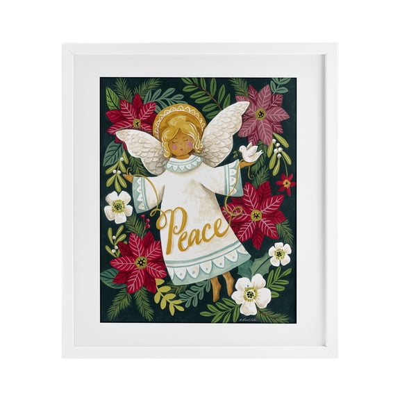 Angel with Peace & Botanicals White Framed Print Under Glass, design by Diane Kater