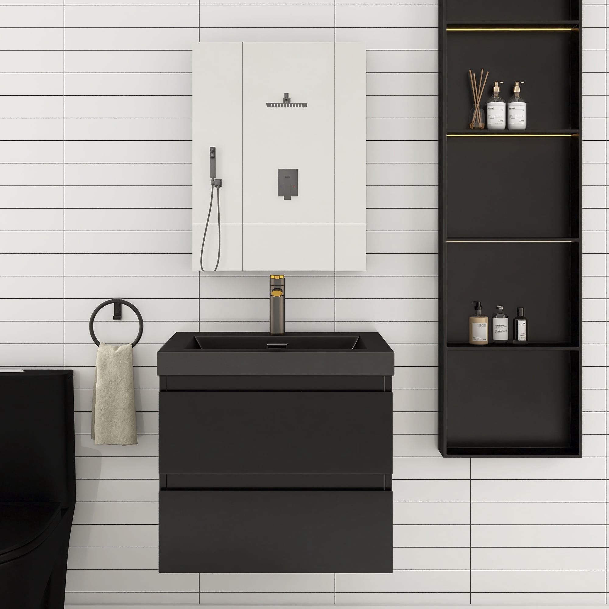 Angela 24" Wall-Mounted Bathroom Vanity in Matte Black with Black Basin ...
