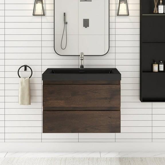 Angela 30" Wall-Mounted Bathroom Vanity in Rose Wood with Black Basin