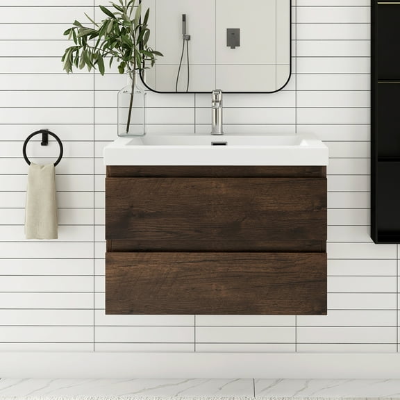 Angela 30" Wall-Mounted Bathroom Vanity in Rose Wood with White Basin