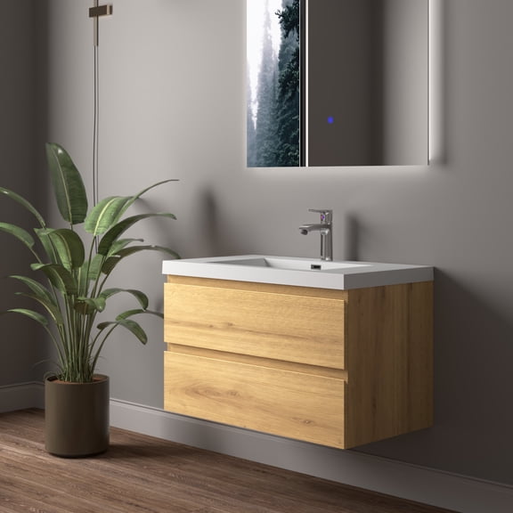 Tona 36" Natural Oak Wall-Mounted Bathroom Vanity with Sink  Stone Resin Countertop & Soft-Close Drawers, Waterproof Wood Cabinet for Small Bathrooms