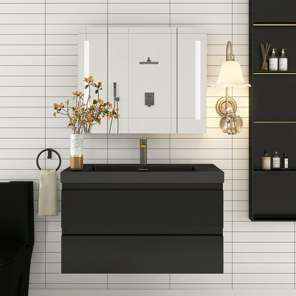 Angela 36" Wall-Mounted Bathroom Vanity in Matte Black with Black Basin