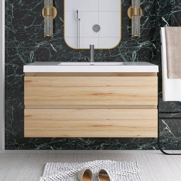 Angela 42" Wall-Mounted Bathroom Vanity in F.Oak with White Basin