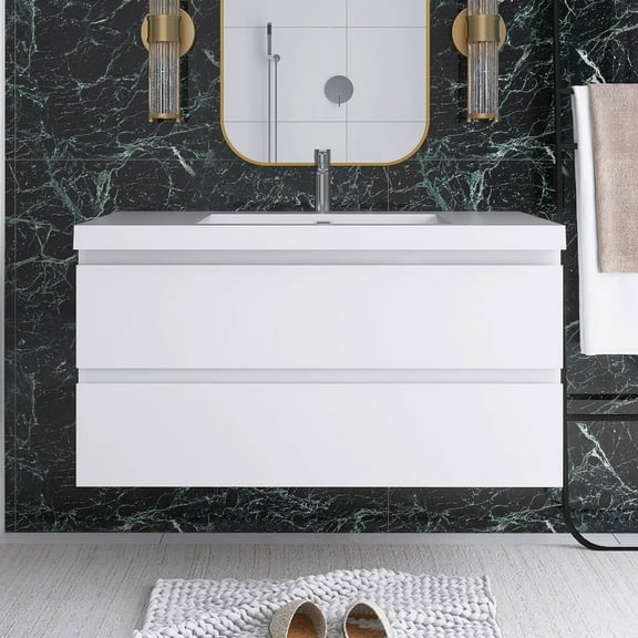 Angela 42" Wall-Mounted Bathroom Vanity in Glossy White with White Basin