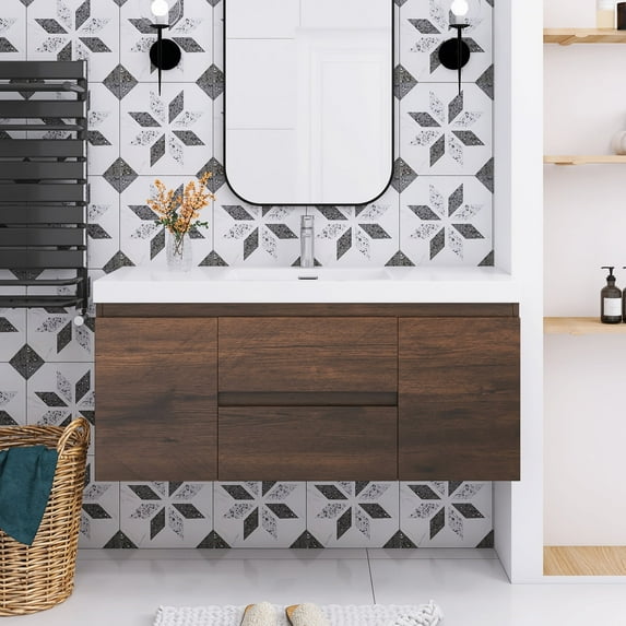 Angela 48" Wall-Mounted Bathroom Vanity in Rose Wood with White Basin